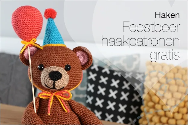 Haken feestbeer beer gratis haakpatroon feesthoed ballon