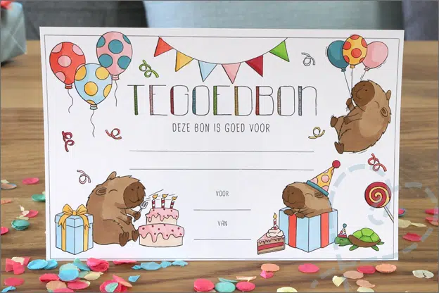 Gratis printen tegoedbon cadeaubon verjaardag capibara