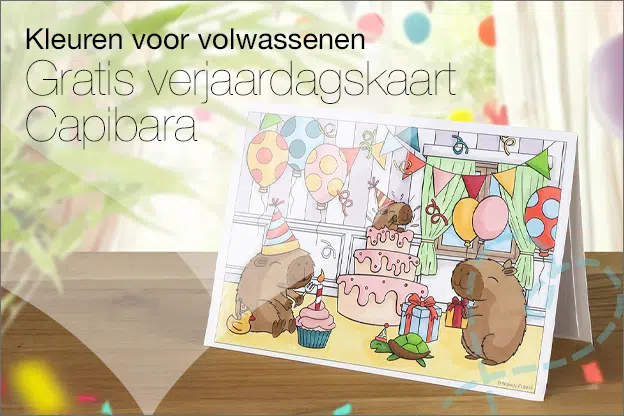 Kleuren voor volwassenen #31: Verjaardagskaart Capibara (Gratis printable)