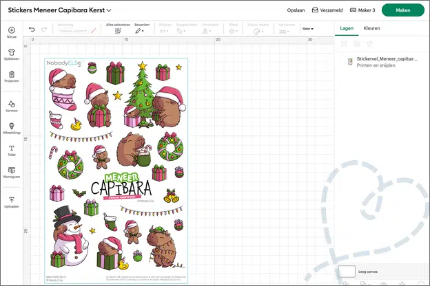Uitleg stickers maken Cricut capibara kerst design space